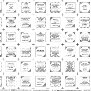 May include: A grid of 48 square fabric labels featuring black text on a white background, each containing a unique Bible verse or prayer. The labels are framed with decorative black corners and include registration marks for cutting.