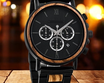 Fathers Day Gift, Men's Tiger Maple Wood Watch, Gift for Dad, Husband Anniversary Gift, Black Watch, Wooden Watch, Quartz Watch, Mens Gift