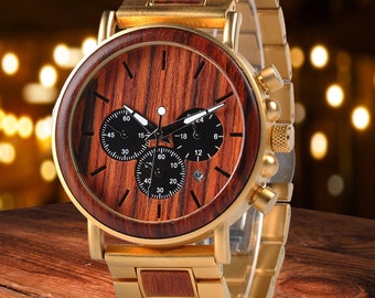 Wood Watch for Husband, Fathers Day Gift, Gold Watch, Personalized Dad Gift, Gift for Dad, Husband Anniversary, Dad Gift, Chronograph Watch
