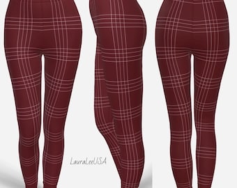 Dark Red Plaid Leggings – Soft Poly-Spandex Blend, Yoga to Dinner Wear