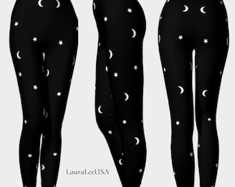Black Celestial Leggings or Capris • Moon and Star Leggings • LauraLeeUSA