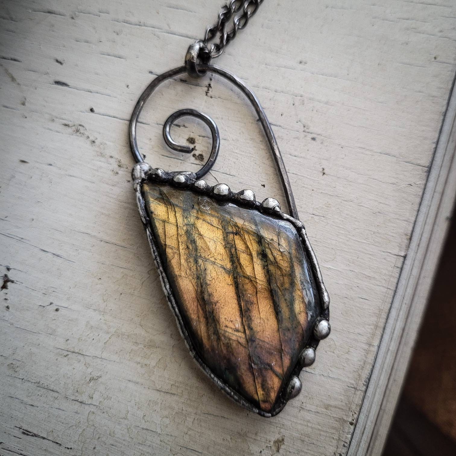 Liquid Metal Orange Flash Labradorite Pendant/ Brutalist Jewelry/ Southern Gothic/ Third Eye Magik