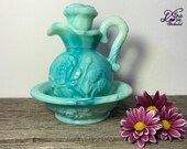 Vintage Mint Green Slag Milk Glass Mini Pitcher and Dish, Avon Pitcher Set, Green Pitcher and Bowl, Avon Bottle
