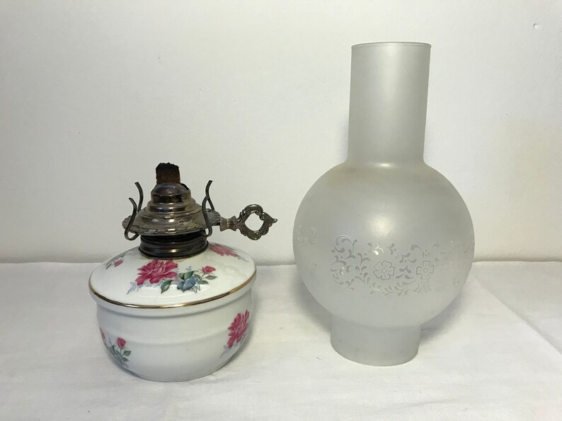Vintage Porcelain Oil Lamp Rose & Gold Porcelain Kerosene Etsy
