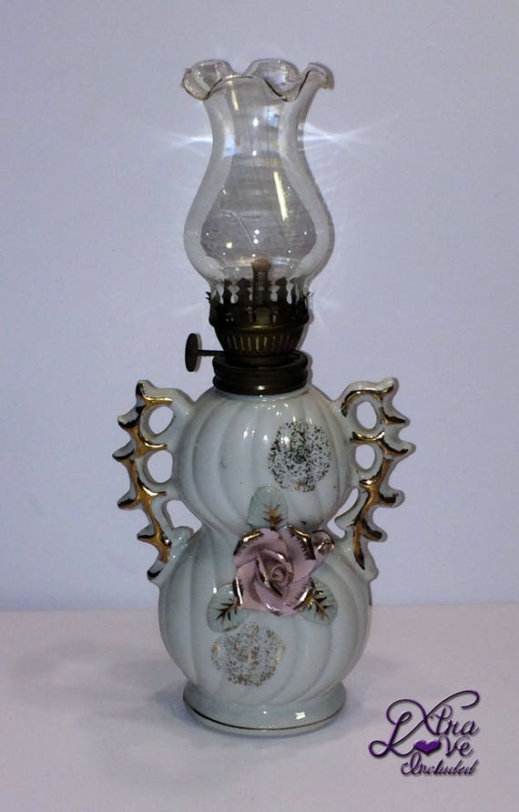 Vintage Porcelain Miniature Oil Lamp Capodimonte Pink Roses Image 0