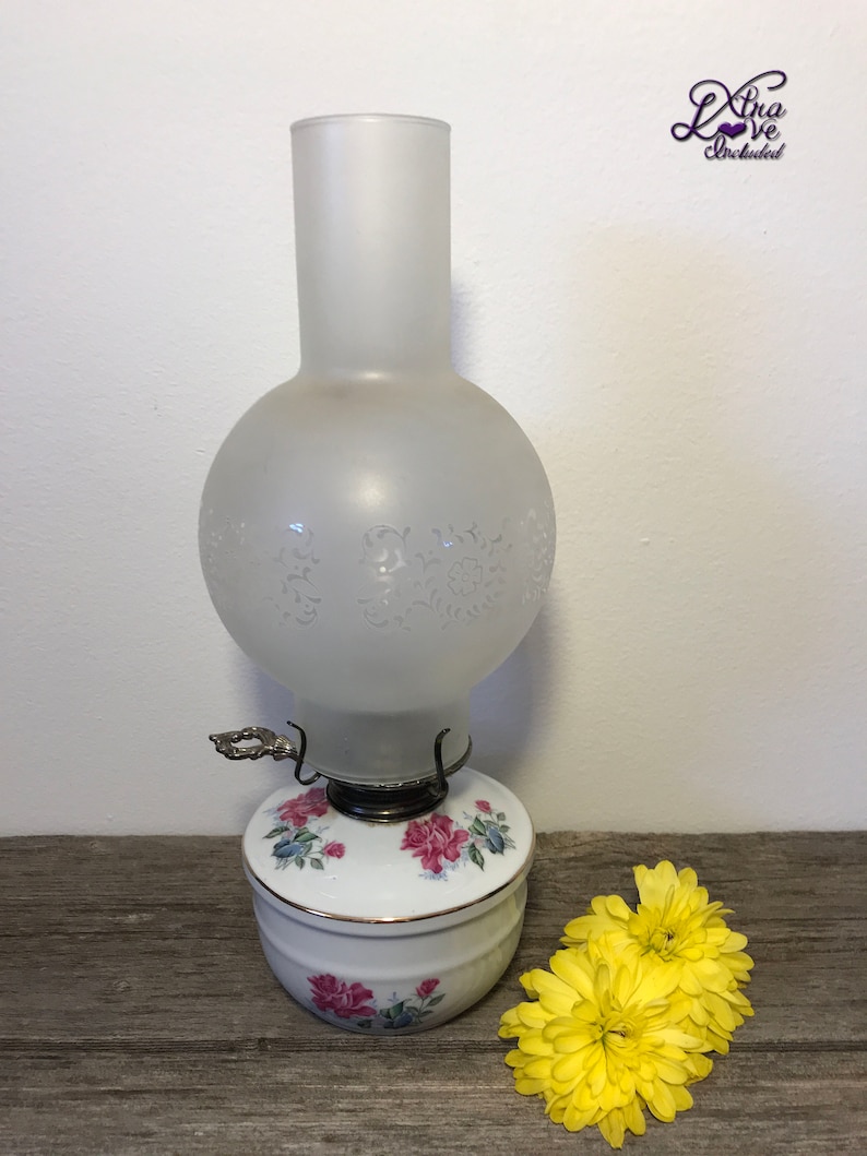 Vintage Porcelain Oil Lamp Rose & Gold Porcelain Kerosene Etsy