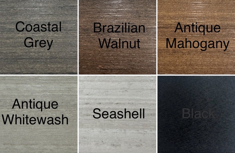 May include: A collection of six wood stain samples, each labeled with a color name. Colors include Coastal Grey, Brazilian Walnut, Antique Mahogany, Antique Whitewash, Seashell, and Black. The wood grain is visible in each sample.