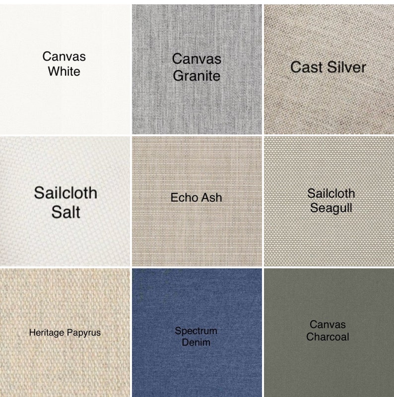 May include: Nine fabric swatches in various colors and textures. The swatches include Canvas White, Canvas Granite, Cast Silver, Sailcloth Salt, Echo Ash, Sailcloth Seagull, Heritage Papyrus, Spectrum Denim, and Canvas Charcoal. Each swatch has its name printed on it.