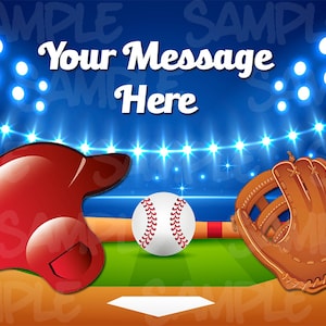 May include: A baseball themed printable invitation with a red baseball helmet, a brown baseball glove, and a white baseball. The background is blue with white lights. The text "Your Message Here" is in the center of the image.