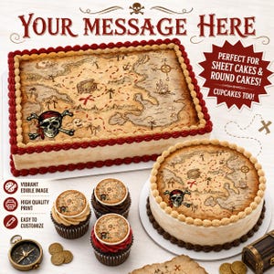 Treasure Map PIRATE EDIBLE PHOTO Image Cake Topper 1/2 1/4 8in Icing Sheet Personalized