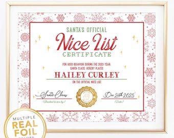 Santa's Official Nice List Certificate with Rea Foil Elements - Customizable Custom Personalized Santa Claus Christmas Nice List Print 02