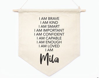 Child Affirmation Custom Name Banner, Canvas Banner, Personalized Wall Art, I am Brave, I am Kind, I am strong, Room Decor, Canvas flag 01