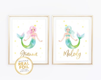 Sisters Custom Print - Personalized Name Mermaid Wall Art - Pink Mint Girls Room Decor - Baby Nursery Gift Idea Sister's room Twins room