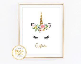 Unicorn Face Head Custom name Nursery print Floral girls room playroom, Unicorn birthday Gold Foil Decor Wall Art,  baby shower gift 02