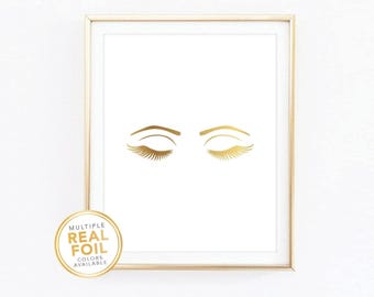 Eyelashes Print Eyes Lashes, Makeup Fashion Beauty Rose Gold Foil Print Real Foil Bedroom Decor Studio Wall Art Closet Decor Living Room