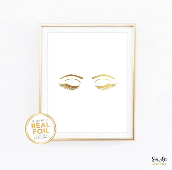 Eyelashes Print Eyes Lashes, Makeup Fashion Beauty Rose Gold Foil Print Real Foil Bedroom Decor Studio Wall Art Closet Decor Living Room