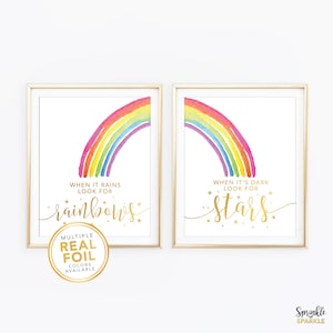 Quand il pleut, cherchez des arcs-en-ciel, aquarelle, feuille d'or véritable, décoration de chambre de fille, idée cadeau personnalisée, décoration de salle de jeux, chambre de bébé
