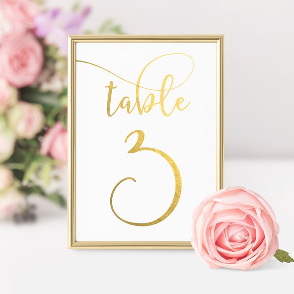 Gold Foil Wedding Table Numbers - 5x7 4x6 Single Sided - White Ivory Creme Paper - Real Foil - Rose Gold, Silver Foil + more colors - 002