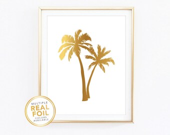 2 Palm Tree Gold Foil Print, Real Foil, Silver Foil Print, Home Decor, Art, Gallery Wall, Bedroom, Tropical, Beach, Cottage, Palm Trees