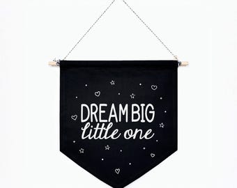Dream Big Little One Banner, Black Canvas Banner, Nursery Decor, Kids Room Wall Art, Inspiration Boys Girls Bedroom Wall Decor, Stars Hearts