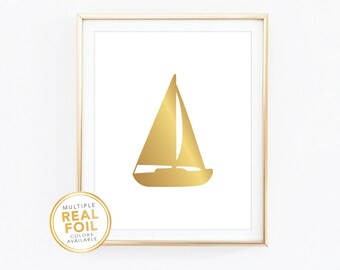 Gold foil Print, Nautical, Sailboat, Boat, Real Foil Print, Silver foil, Beach House, Nautical, Sailor, Nautical Home