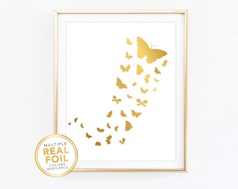 Flying Butterflies wall art, Kaleidoscope, rainforest animal wall art, gold butterfly art, Gold foil print, Real foil, Butterfly home decor