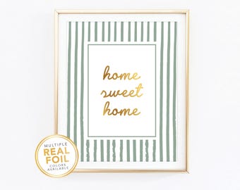 Impresión "Hogar, dulce hogar", frase para la entrada en lámina dorada, póster de bienvenida con rayas verde oliva salvia y verde bosque, arte minimalista para pared.