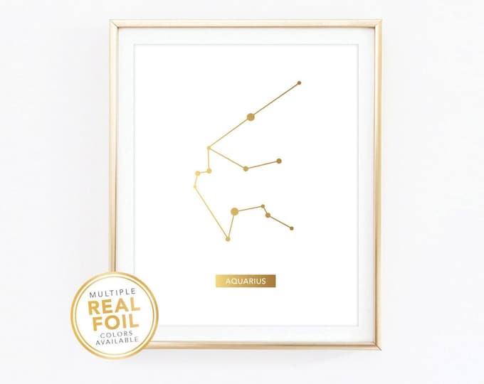Aquarius Print Zodiac Sign Constellation Astrology Horoscope January February Birthday Gold Foil Home Decor Wall Art 8.5x11 8x10 5x7 4x6