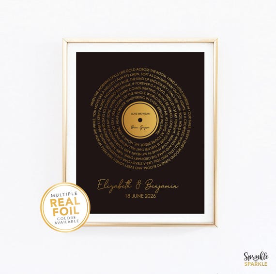 Personalized Real Foil Song Lyrics Print on Vinyl, First Dance, Real foil, Wedding Song, Couples Gift, First wedding Anniversary gift