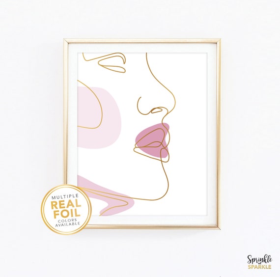 Woman S Face Line Art Gold Foil Print Drawing Female Lips - Gold Foil Lips Wall Art