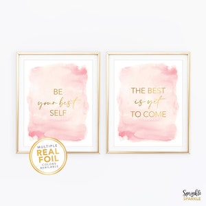 Be Your Best Self The Best Is Yet To Come Set of 2 Wall Art - Inspirational Motivational Print - Gold Office Decor - Pink Entrepreneur Gift