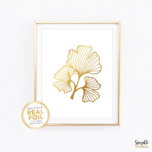 Ginkgo Leaf Wall Art in Gold Foil Print - Ginkgo Leaf Print Living Room Botanical Art Inspirational Modern Botanical Gift 4x6 5x7 8x10 - 07