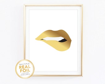 Gold foil Lips Biting Makeup Real Rose Gold Foil Print Gallery Wall Art Decor Washroom Office Bedroom Living Room Gift Closet Fashion Beauty