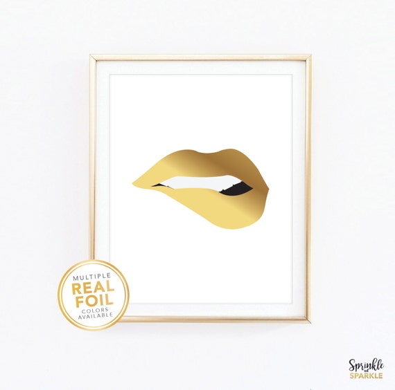 Gold Foil Lips Biting Makeup Real Rose Print Gallery New Zealand - Gold Foil Lips Wall Art Gold Foil Lips Biting Makeup Real Rose Print Gallery New Zealand - Gold Foil Lips Wall Art