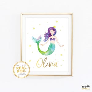 Mermaid Custom name, Nursery print, kids room, playroom, Mermaid birthday, Gold Foil, Real Foil Print, Silver, Wall Art,  baby shower gift,