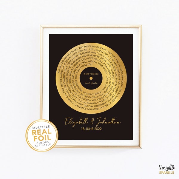 Anniversary Gift Custom Song Lyrics Print - Gold Foil Song Lyrics Art Record Print Favourite Song Personalized Silver Foil Lyric Print