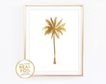 Gold Palm Tree Wall Art Print, Tropical Wall Art, Beach House Art, Cottage Decor, Real Foil Print, Rose Gold  Silver Mint Teal Green Foil