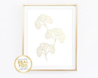 Gold Ginkgo Leaf Wall Art in Real Foil - Ginkgo Leaf Print Living Room Botanical Art Inspirational Modern Botanical Gift 4x6 5x7 8x10 - 02