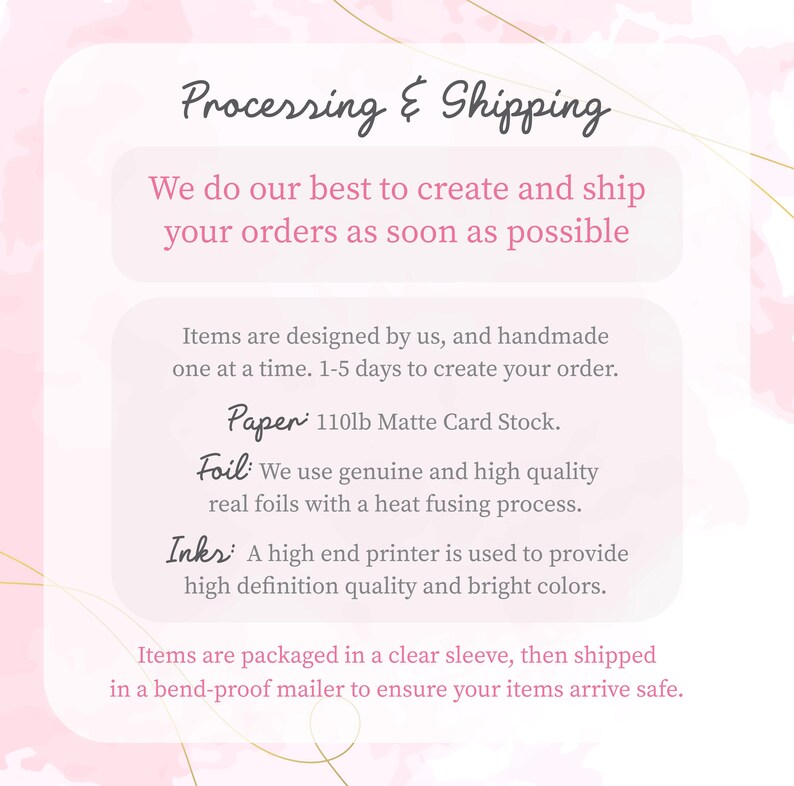 The image is a text-based graphic that provides information about the processing and shipping of items. It includes details about the items, such as their design, materials, and packaging, as well as the shipping process.