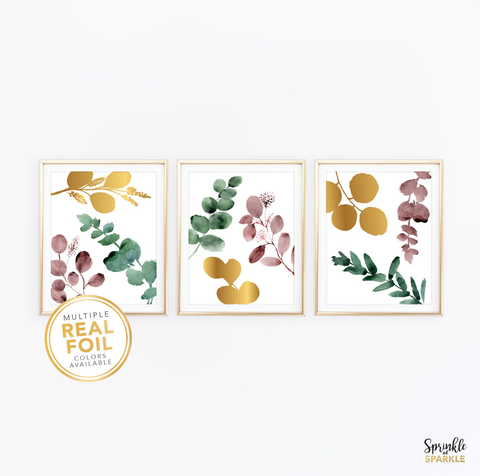 Eucalyptus Abstract Gold Foil Pink and Green Art Set of 3 Etsy