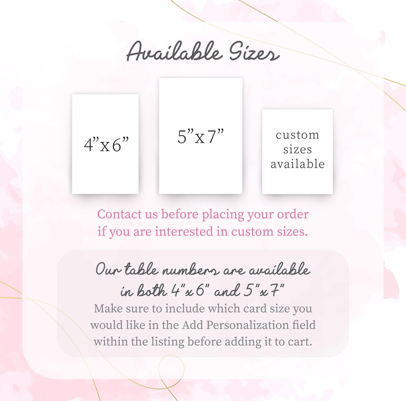 The image is a promotional graphic for customizable sizes, featuring three different card sizes and a contact information section for placing an order.