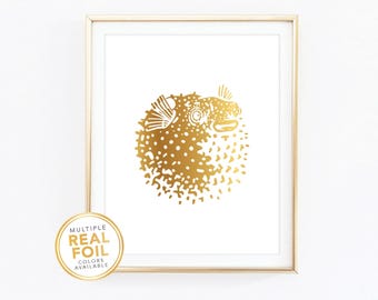 Pufferfish Wall Art in Gold Foil Print, Ocean Blowfish Print, Seashell Tropical Wall Art, Beach Print, Beach House Decor, 8.5x11 8x10 5x7