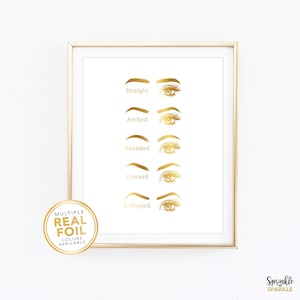Eyebrow Wall Art, List of Eyebrow Styles and Shape Types Print in Gold Foil, Eyebrow Salon, Makeup Studio, Room Decor, Brow Technician Gift