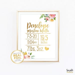 Newborn Baby Birth Statistic Art -  Wall Art print, Real Foil Print, Floral Flowers , Boy Girl Nursery art, baby shower gift 04