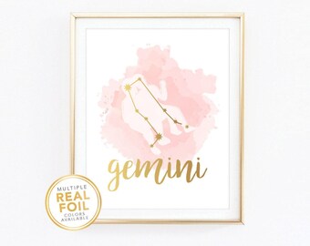 Gemini Print Zodiac Sign Constellation Astrology Horoscope May June Birthday Gift Rose Gold Foil Pink Watercolor Home Decor Gallery Wall Art