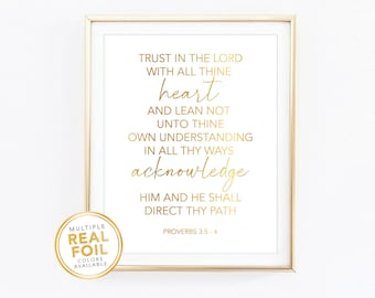 Proverbs 3:5-6  Trust in the Lord with all thine heart / Gold foil wall art / Bible Quote / Nursery Wall Art / Home decor / Wall art / 01