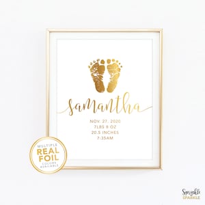 Newborn Baby Birth Stats Birth Announcement -  Foot prints Gold Foil, Real Foil Print, Wall Art, Boy Girl Nursery art, baby shower gift 06