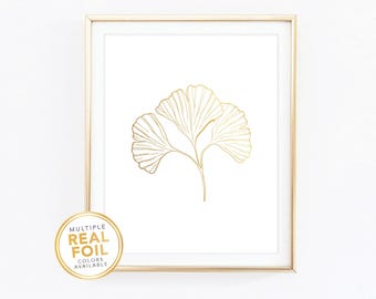 Gold Foil Ginkgo Leaf Wall Art Print - Ginkgo Leaf Print Living Room Botanical Art Inspirational Modern Botanical Gift 4x6 5x7 8x10 - 01