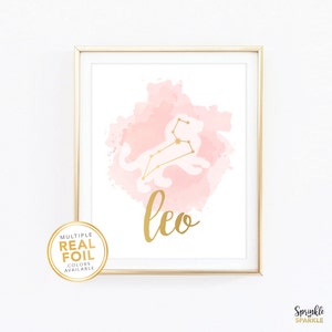 Leo Print Zodiac Sign Constellation Astrology Horoscope July August Birthday Gift Rose Gold Foil  Home Decor Wall Art 8.5x11 8x10 5x7 4x6