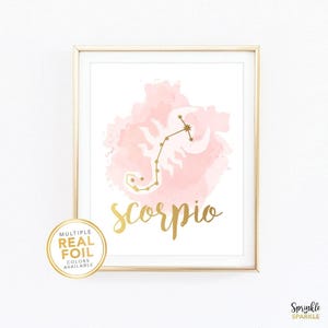 This, Scorpio Zodiac sign, Wall Art Print is made using gold foil. The perfect decor for a little boy or girls nursery, bed room or play room. Comes in 8.5x11, 8x10, 5x6, 4x6 and more.